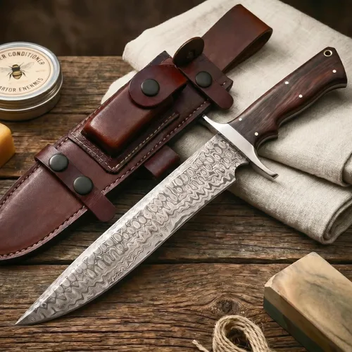 Miniatura 10 de BIGCAT ROAR Leopard Hunter - Cuchillo de caza hecho a mano de acero de Damasco de hoja fija de 12 pulgadas - Mango de madera de nogal y funda