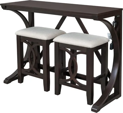 Miniatura 3 de Juego de mesa de comedor para 2, juego de mesa de comedor de 3 piezas de altura de mostrador con puerto USB y taburetes tapizados, color espresso