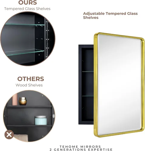 Miniatura 7 de TEHOME Gabinete de Medicina de Montaje en Superficie de 16x24 Pulgadas en Oro Cepillado para Baño con Espejo Gabinete de Medicina Cuadrado