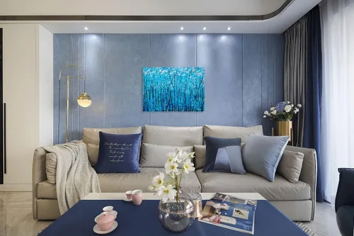 Miniatura 4 de SYGALLERIER Lienzo abstracto de árbol con pinturas texturizadas pintadas a mano en negro y azul con lámina plateada, imágenes modernas del bosque