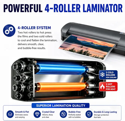 Miniatura 5 de SINCHI Laminador térmico de 13 pulgadas y aplicador de lámina, 3 a 10 mil, 4 rodillos, calentamiento de 55 segundos, 18 segundos/página, apagado
