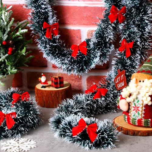 Miniatura 6 de Riceshoot Guirnalda de oropel de Navidad de 131.23 pies con lazo rojo metálico brillante colgante guirnalda para fiesta de Navidad, árbol, escalera