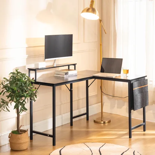 Miniatura 6 de FurnitureR Escritorio para computadora en forma de L de 48.8 pulgadas con bolsa de almacenamiento y luz LED, espaciosa estación de trabajo