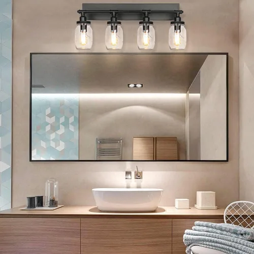 Miniatura 5 de Lámparas de tocador de baño, apliques de pared industriales negros vintage con persianas de cristal Mason Jar (4 luces)