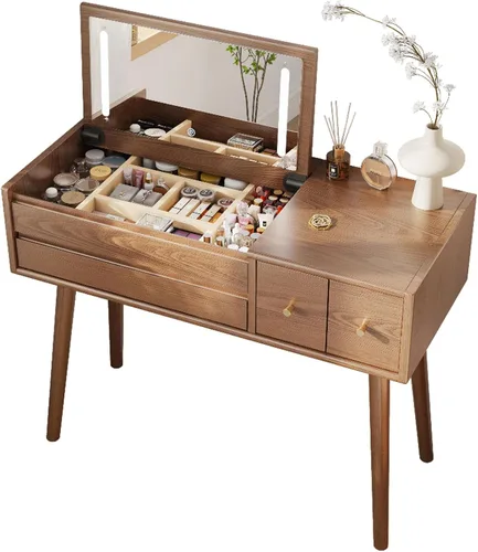 KungFuWood Escritorio de tocador de maquillaje con 3 modos de iluminación, escritorio de tocador de madera maciza con espejo, mesa de tocador con 4