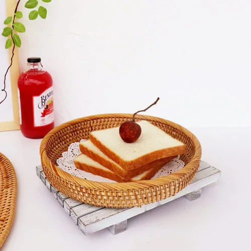 Miniatura 6 de I-lan Cesta de pan de ratán de 9 pulgadas con pared de 2 pulgadas, bandeja plana de mimbre con borde enrollado, cuenco redondo decorativo para todos