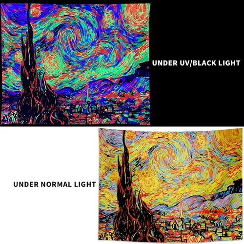 Miniatura 5 de PSYHILAR Van Gogh Tapiz UV Luz Negra para Dormitorio, Telón de Fondo Noche Estrellada Pósteres de Luz Negra para Adultos y Adolescentes