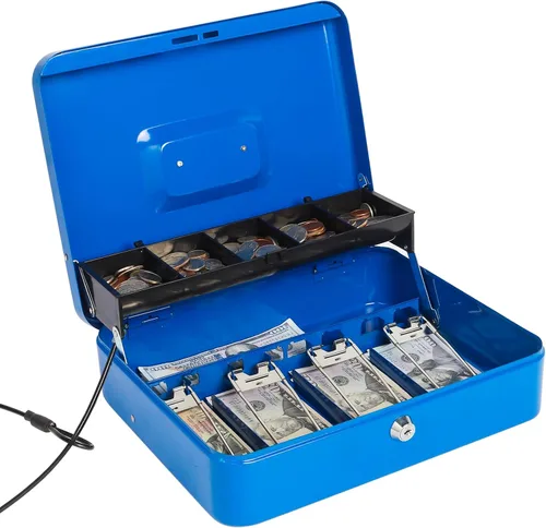 Miniatura 10 de Jssmst - Caja grande de seguridad para dinero con bandeja; caja con cerradura para dinero con cable de seguridad y cerradura de llave, de metal