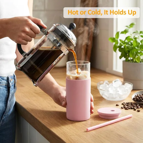 Miniatura 5 de Tronco Vaso de vidrio de 20 onzas con tapas y pajitas, vasos reutilizables para batidos con tapa de silicona, taza de café helado con funda