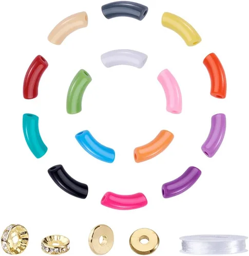 Miniatura 10 de 40 cuentas de tubo de imitación de piedras preciosas acrílicas, coloridas cuentas curvas acrílicas opacas gruesas con cuentas de disco espaciador