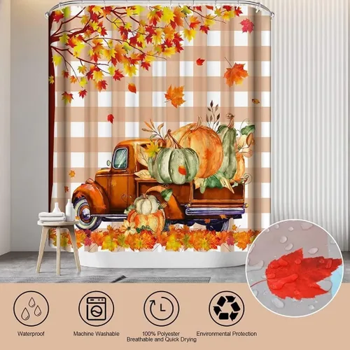 Miniatura 3 de NBVKO Juego de cortina de ducha de 4 piezas, diseño de Acción de Gracias de otoño, calabaza, camión, cortina de baño con tapete antideslizante