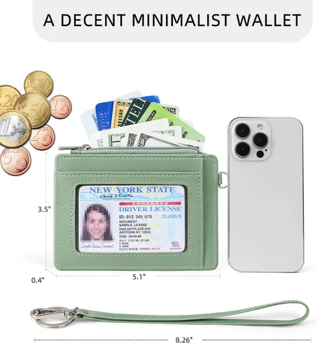 Miniatura 2 de Cartera de cuero suave con bloqueo RFID para mujer, con bolsillo con cremallera, pulsera delgada, Verde, Elegancia clásica
