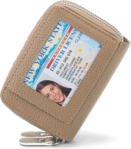 Miniatura 11 de RNIEGA Cartera pequeña de piel con bloqueo RFID para tarjetas de crédito, cartera pequeña para mujer, doble cremallera con ventana de identificación