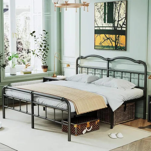 Miniatura 7 de Breezehome Marco de cama de tamaño matrimonial de 18 pulgadas con cabecero y estribo vintage, plataforma de metal resistente, no necesita somier