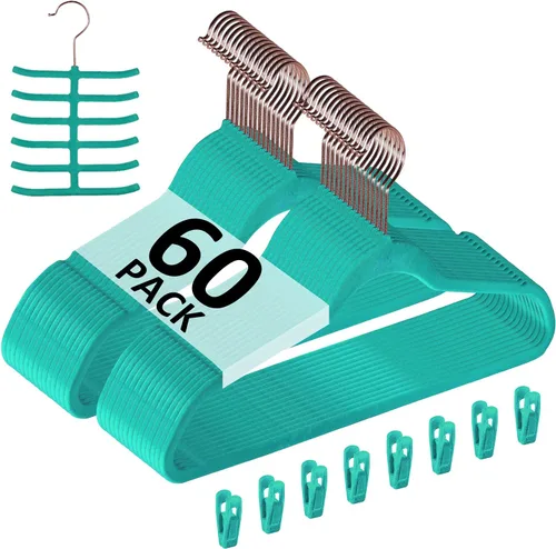 Miniatura 25 de VECELO Perchas de terciopelo de alta calidad resistentes (paquete de 60), antideslizantes y ahorran espacio con 8 clips para los dedos y soporte