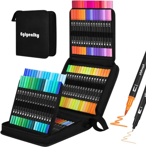 Eglyenlky Bolígrafos de doble pincel, marcadores para colorear para adultos, bolígrafos artísticos de 100 colores con marcadores de punta fina y