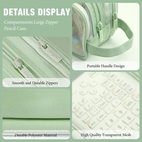 Miniatura 7 de Estuche grande de malla de malla con 2 compartimentos, bolsa transparente para lápices con cremallera, bolsa de papelería transparente multifunción