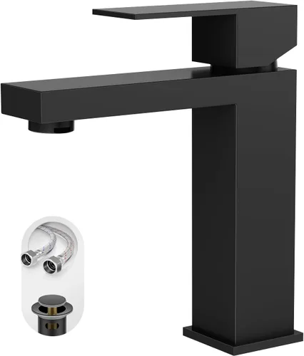 Phiestina BF3530-MB - Grifo de baño negro de un solo agujero, grifo de baño negro mate para fregadero, 1 orificio con drenaje de metal con placa de