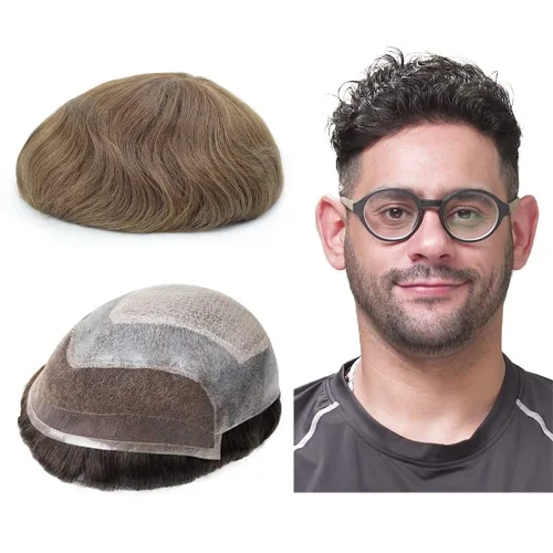 Miniatura 8 de Lordhair Tupé frontal de encaje francés para hombres 0.004 in inyectado piezas de pelo de piel fina unidas con sistema de cabello de encaje