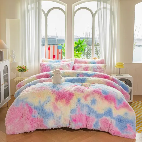 Miniatura 21 de Juego de edredón de piel sintética para niños y niñas, color morado y arcoíris, tamaño individual/matrimonial, juego de cama de 3 piezas, cálido