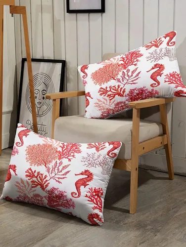 Miniatura 5 de Suncloris Juego de edredón coral océano para niños y adultos, edredón tamaño Queen con temática de hipocampo tropical rojo con 2 fundas de almohada