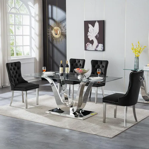 Miniatura 29 de Mesa de comedor moderna de vidrio de 70 pulgadas para 6-8, mesa de comedor de cristal dorado de lujo con base de acero inoxidable en forma de flores