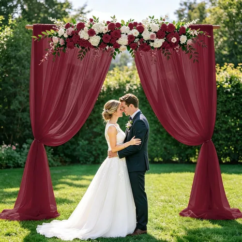 FUHSY Cortinas tipo telón de color burdeos de 10 x 10 pies, 2 paneles de cortina de gasa color granate, cortinas transparentes para arco de boda,