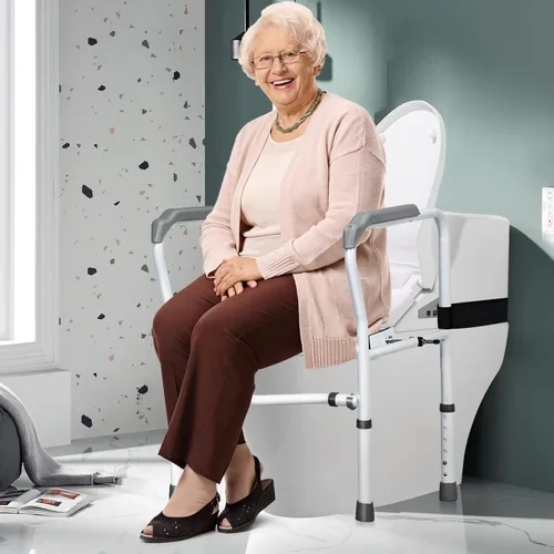 Miniatura 7 de GYMAX Marco y riel de seguridad para inodoro, marco de asistencia médica ajustable de montaje libre para ancianos con clip giratorio de 360°