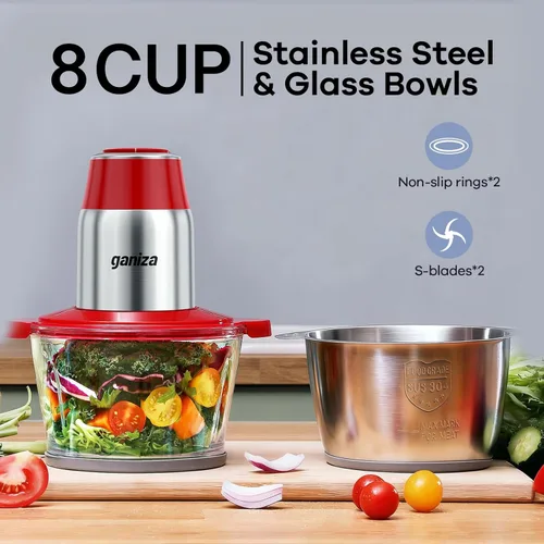 Miniatura 2 de GANIZA Procesadores de alimentos, picadora eléctrica de alimentos con picadora de carne y picadora de verduras, 2 cuencos (8 tazas+8 tazas) con Rojo