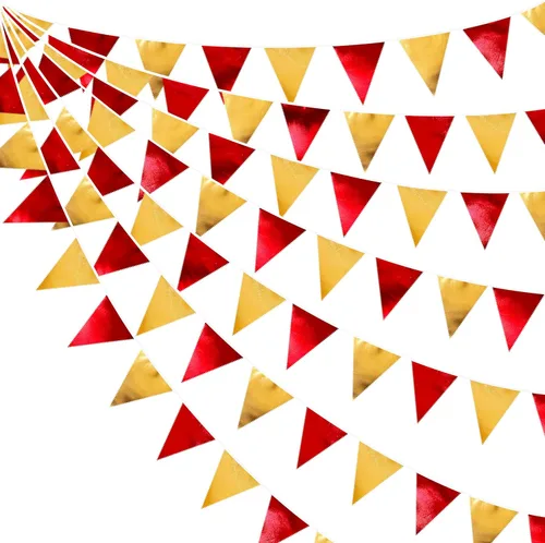 Miniatura 72 de Decoración de fiesta iridiscente de 33 pies, tela holográfica, banderín triangular, banderín de algodón, guirnalda de banderines para cumpleaños