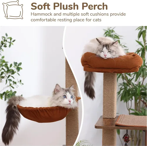 Miniatura 9 de FUKUMARU Árbol para gatos, torre grande y moderna 4 en 1 para gatos con poste rascador de yute y hamaca, condominio de madera para gatos con bolas