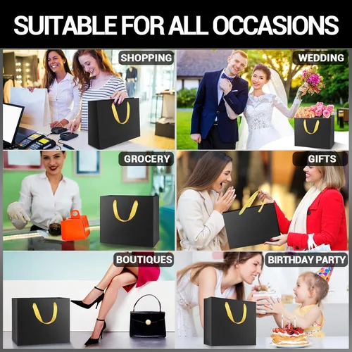 Miniatura 5 de EUSOAR Bolsas de compras pequeñas negras con asas doradas, paquete de 20 bolsas de regalo de 10.6 x 3.1 x 8.3 pulgadas con asas a granel, bolsas