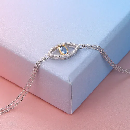 Miniatura 4 de Brazalete con cadena doble, con dije para mal de ojo, de plata de ley 925 y circonio cúbico, para mujer.