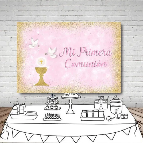 Miniatura 4 de MEHOFOND Telón de fondo de bautismo para niño de 8 x 6 pies, pancarta de bautizo con purpurina dorada para cáliz, palomas de cáliz azul sagrado
