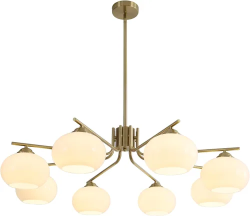 Miniatura 11 de KCO Lámpara de araña vintage de cristal verde con 3 luces de globo Sputnik, moderna lámpara de oro cepillado de mediados de siglo con montaje