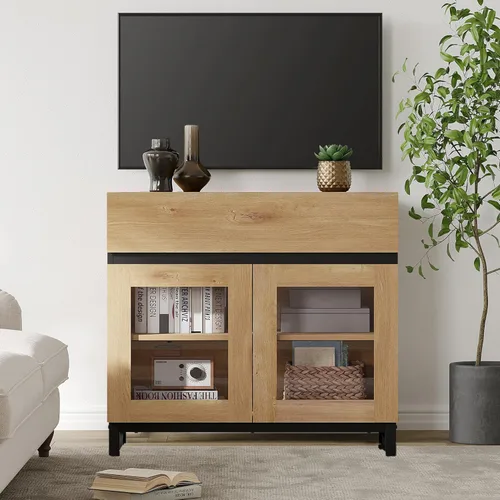 Miniatura 12 de WAMPAT Moderno soporte de TV con puertas de vidrio para televisores de 32 a 40 pulgadas, consola central de entretenimiento con estantes ajustables