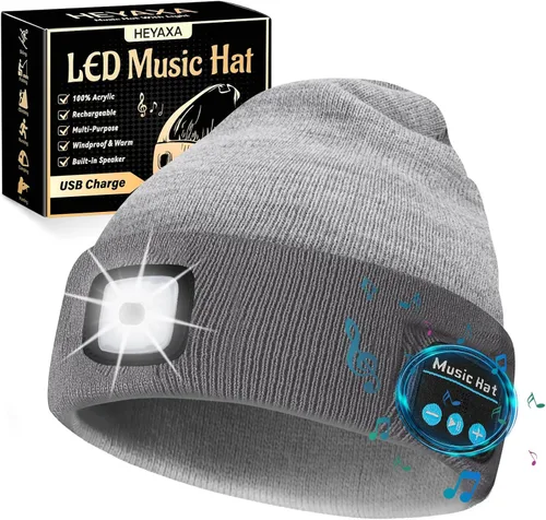 Miniatura 13 de HEYAXA Gorro LED unisex con luz, gorro con linterna frontal recargable, rellenos para calcetines, regalos de Navidad para hombres, gorro tejido