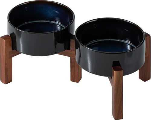 Miniatura 11 de Havniva Cuenco elevado de cerámica para perros de 6.1 pulgadas con soporte antideslizante (madera de acacia), dos opciones de altura, cuenco