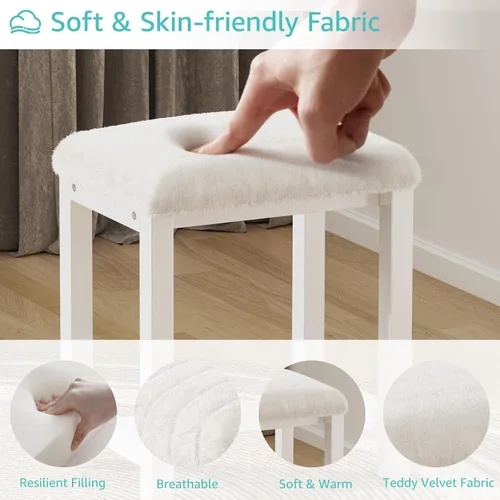 Miniatura 6 de Taburete Pequeño de Tocador, Lindos Taburetes de Tocador con Suave Cojín de Pelo Sintético de Conejo, Silla de Maquillaje Blanca para Espacios