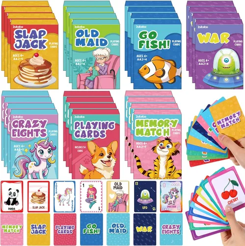 Miniatura 7 de Zubebe Paquete de 7 juegos de cartas para niños, regalos clásicos a granel, juego de cartas para niños, incluye Go Fish, Old Maid, Crazy Eights