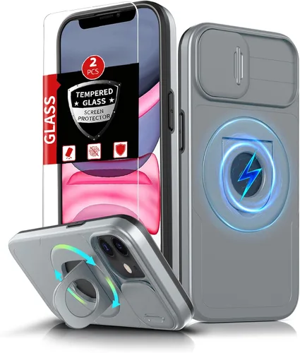 Miniatura 99 de Funda magnética para iPhone 11 Pro compatible con carga inalámbrica MagSafe, con 2 protectores de pantalla, anillo kickstand de 360° integrado +