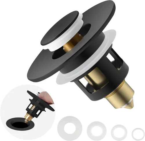 Miniatura 7 de Tapón universal 2 en 1 para lavabo de baño, colador emergente totalmente metálico con cesta de filtro antiobstrucción, para orificios de drenaje