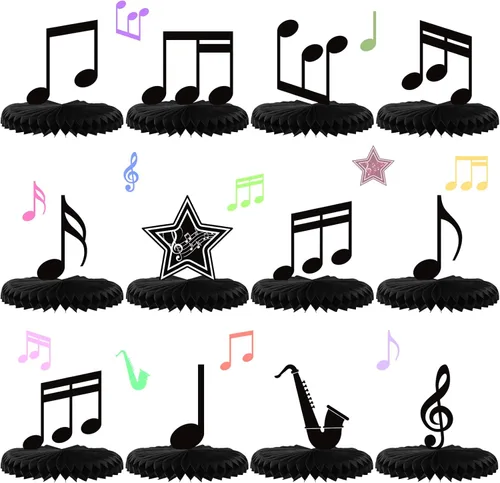 12 piezas de notas musicales de nido de abeja, decoración de fiesta musical, decoración de mesa retro, centros de mesa de fiesta para niños, notas,