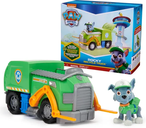PAW Patrol, Camión de reciclaje de Rocky, camión de juguete con figura de acción coleccionable, juguetes para niños con conciencia sostenible para