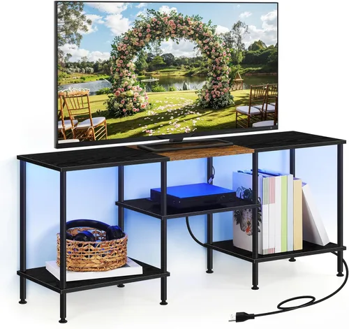 Miniatura 5 de BTY Soporte de TV con luces LED, centro de entretenimiento de TV industrial con estación de carga y estantes de almacenamiento abiertos, consola