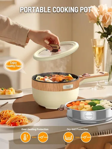 Miniatura 6 de Olla eléctrica, olla eléctrica portátil de 1.5 L, sartén multifuncional para sopa de filete de ramen con potencia ajustable para dormitorio, hogar