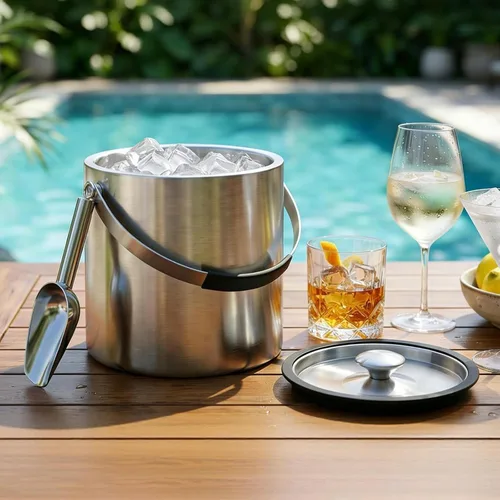 Miniatura 2 de Cubo de hielo de acero inoxidable de doble pared de 3.2L con tapa, cuchara, cubo de hielo aislado actualizado para bar de cócteles y fiestas Plateado