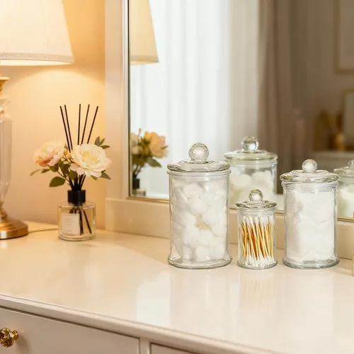Miniatura 4 de Juego de 3 tarros de boticario de vidrio con tapas, recipientes de baño, tarros de almacenamiento pequeños decorativos de vidrio para hisopos