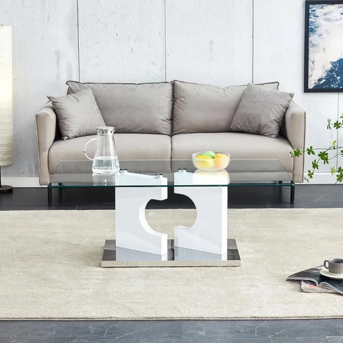 Miniatura 4 de TesNus Mesa de centro rectangular de cristal, mesa de centro moderna de vidrio templado transparente para sala de estar, base lineal blanca