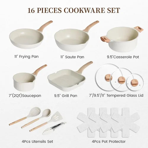 Miniatura 10 de Kikcoin Juego de 16 Piezas de Ollas y Sartenes Antiadherentes de Cerámica, Juegos de Utensilios de Cocina de Inducción, No Tóxico, Saludable